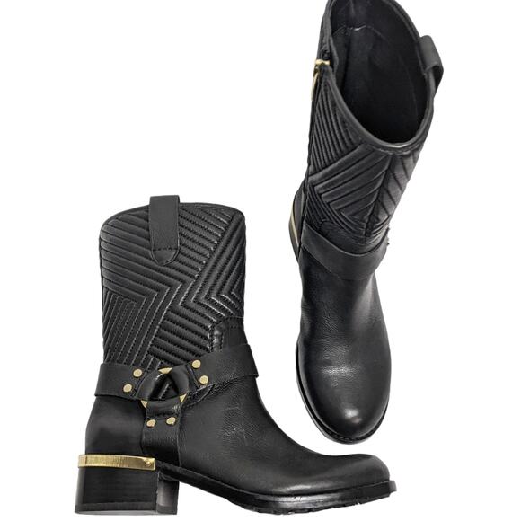 Vince Camuto Shoes - Vince Camuto 6 black leather Waldan boots motorcycle boots gold strap buckle